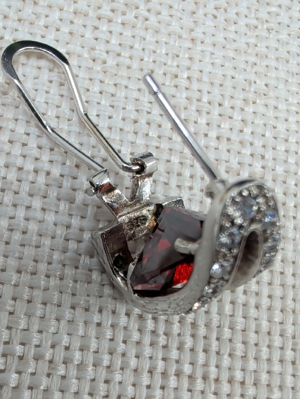 Vintage 925 Sterling Silver Garnet Half Hoop Lever Back Earrings - Picture 6 of 17
